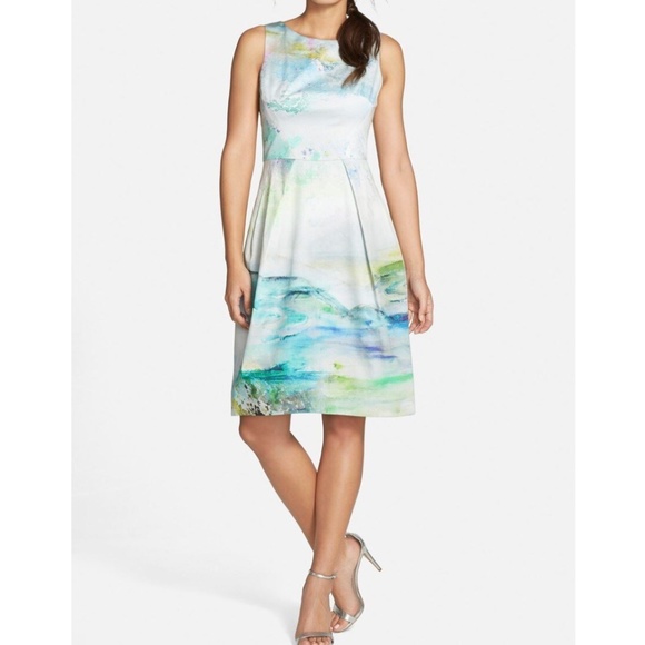 NWT $380‎ Kay Unger Watercolor Print A-Line Dress [SZ 8 ] - Picture 1 of 5